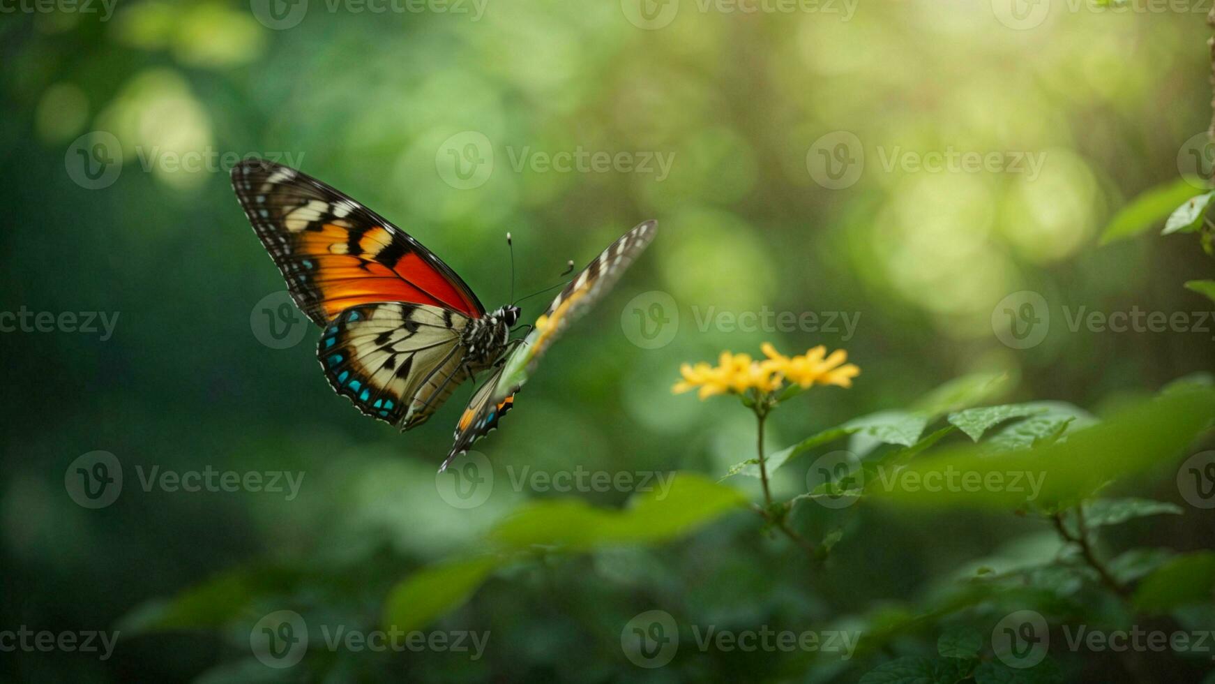 Nature background with a beautiful flying butterfly with green forest AI Generative photo