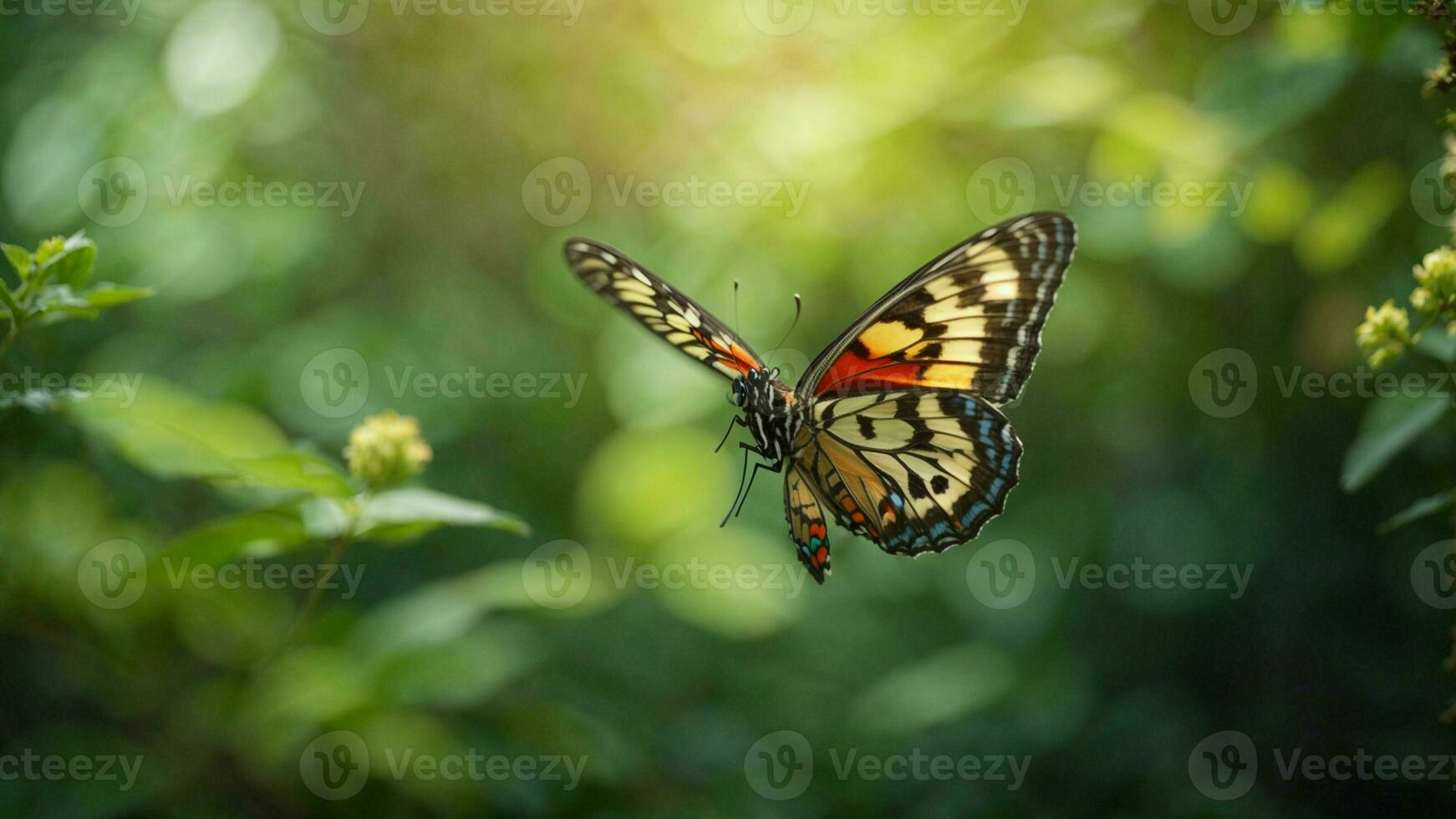 Nature background with a beautiful flying butterfly with green forest AI Generative photo