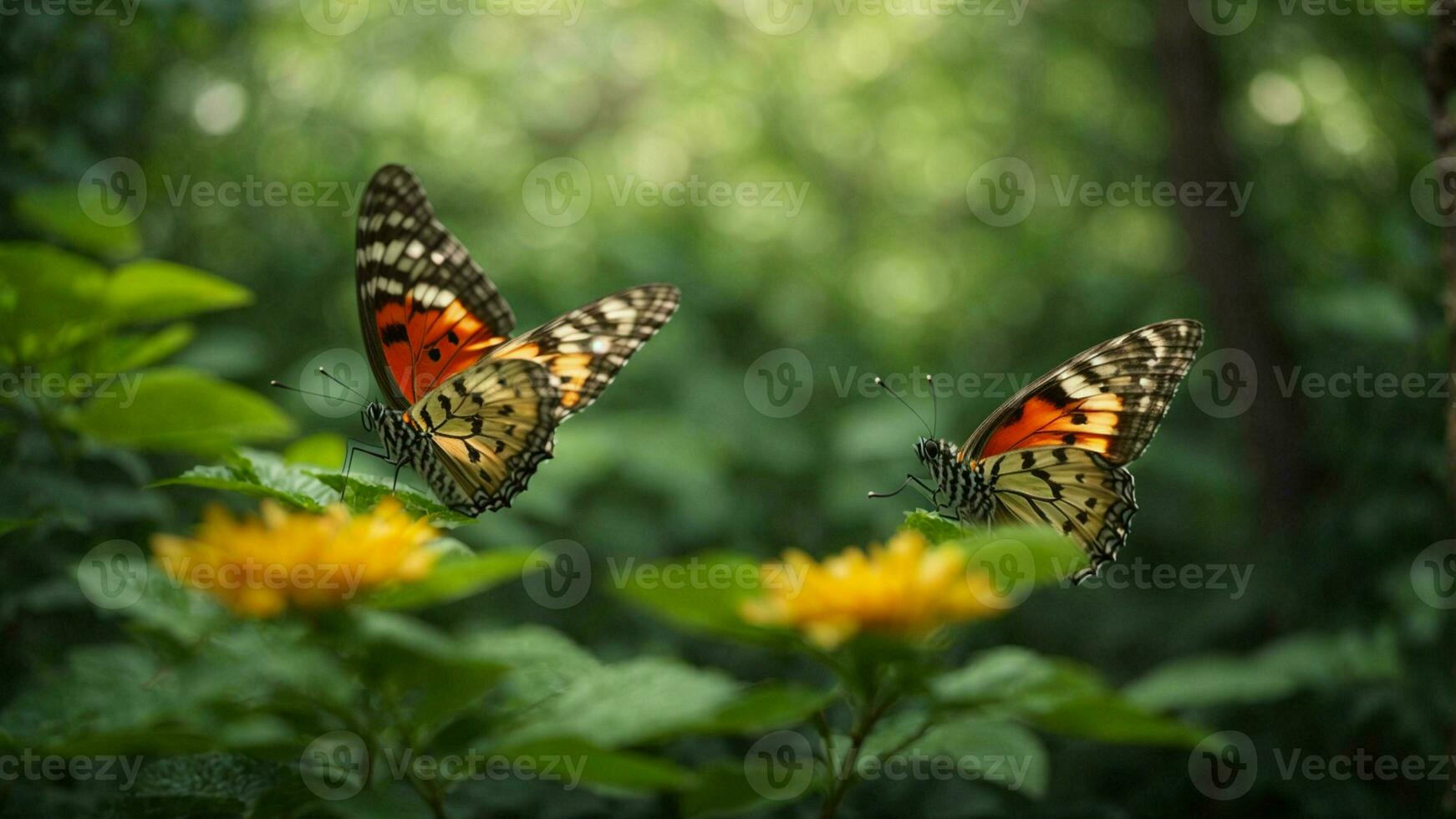 Nature background with a beautiful flying butterfly with green forest AI Generative photo