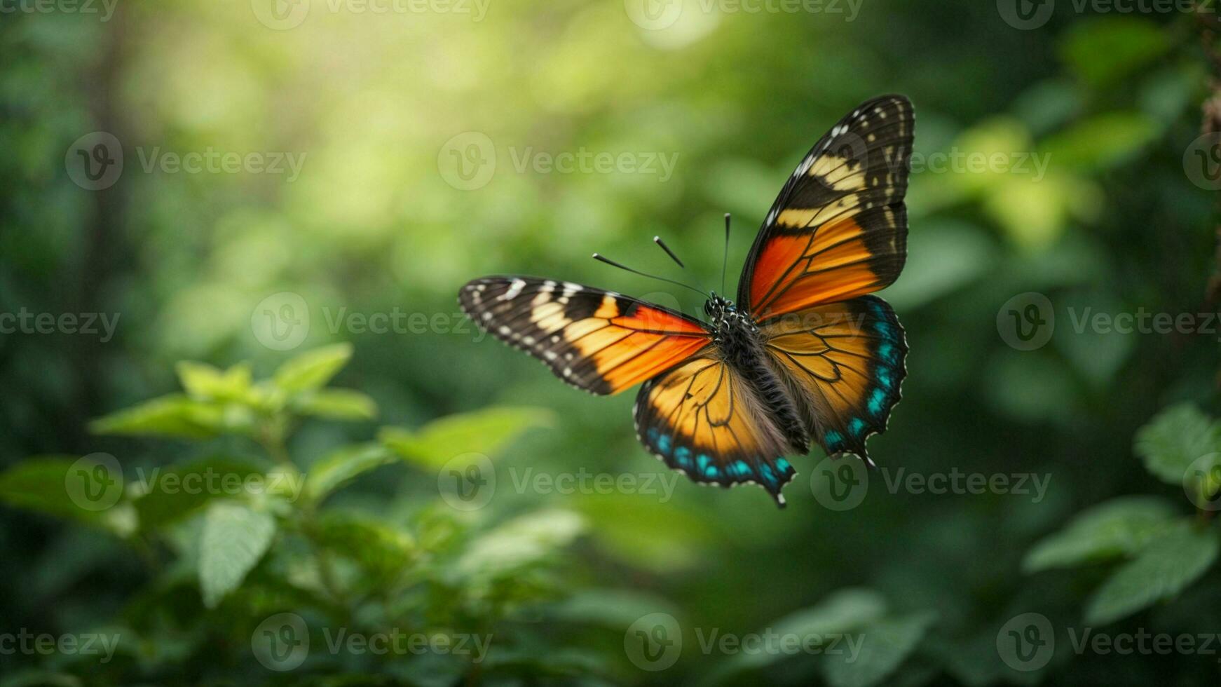 Nature background with a beautiful flying butterfly with green forest AI Generative photo