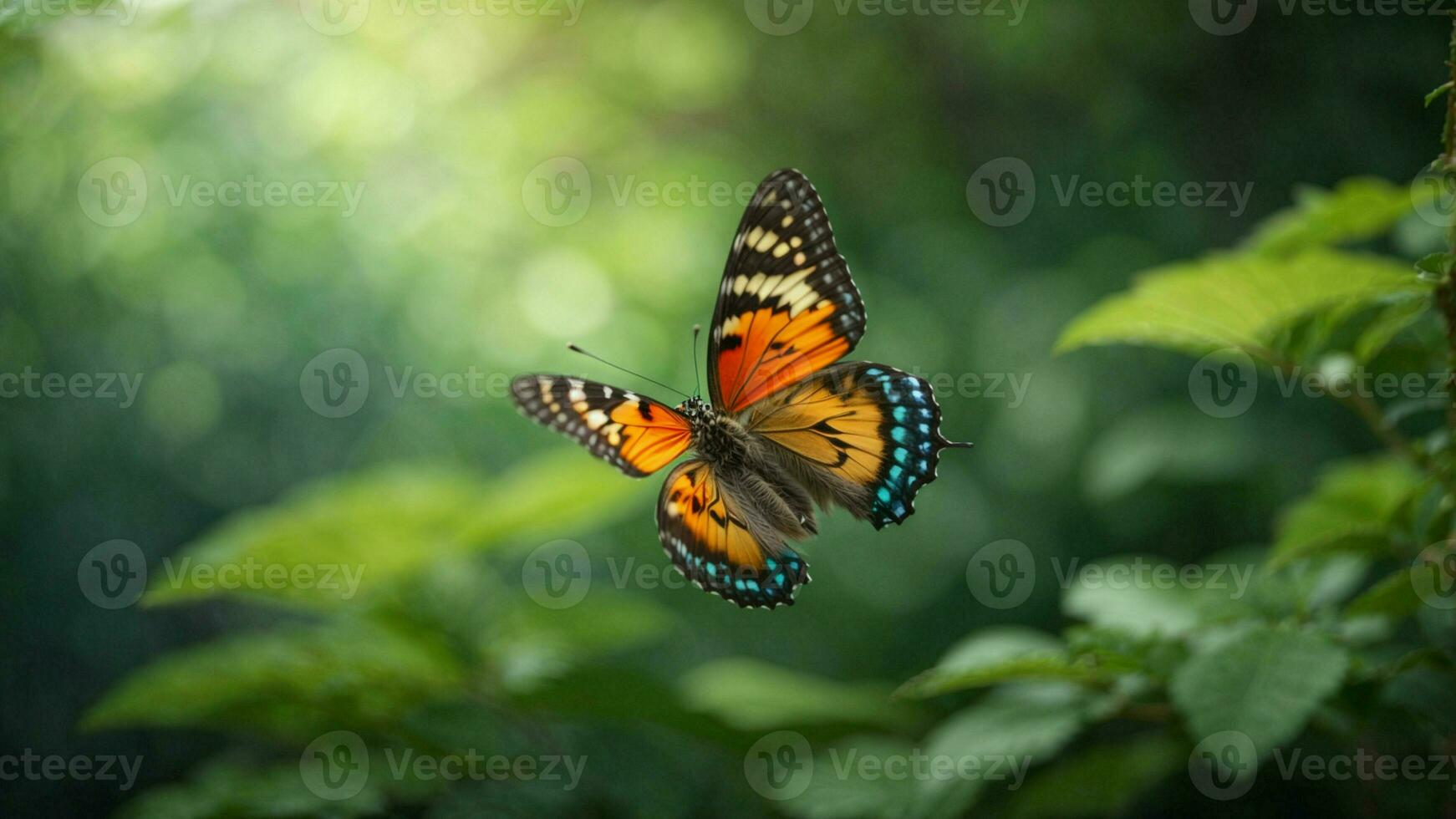 Nature background with a beautiful flying butterfly with green forest AI Generative photo