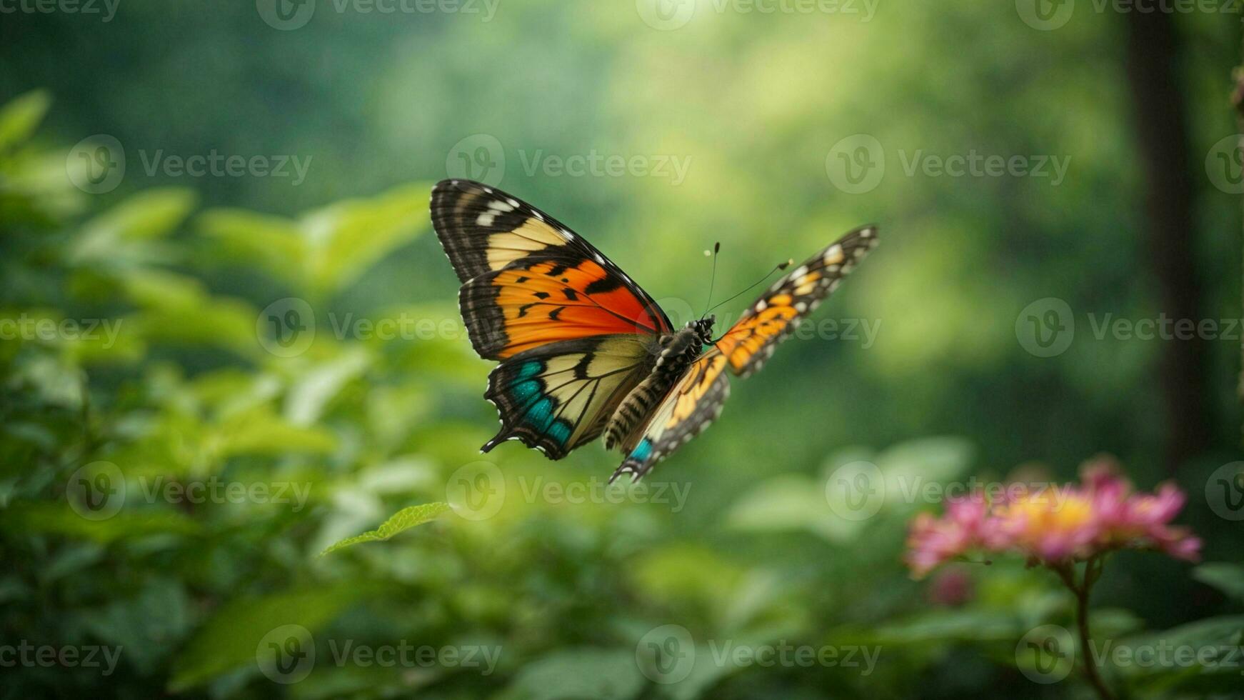 Nature background with a beautiful flying butterfly with green forest AI Generative photo