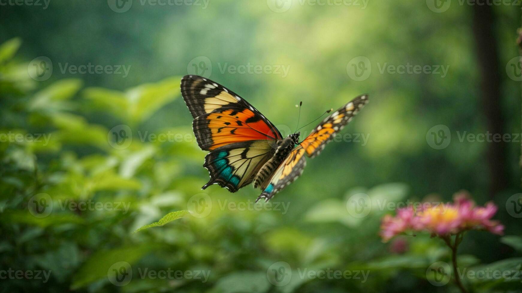 naturaleza antecedentes con un hermosa volador mariposa con verde bosque ai generativo foto