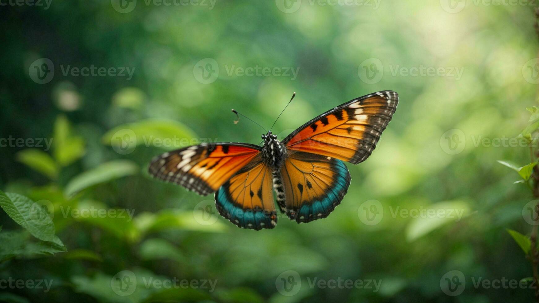 Nature background with a beautiful flying butterfly with green forest AI Generative photo