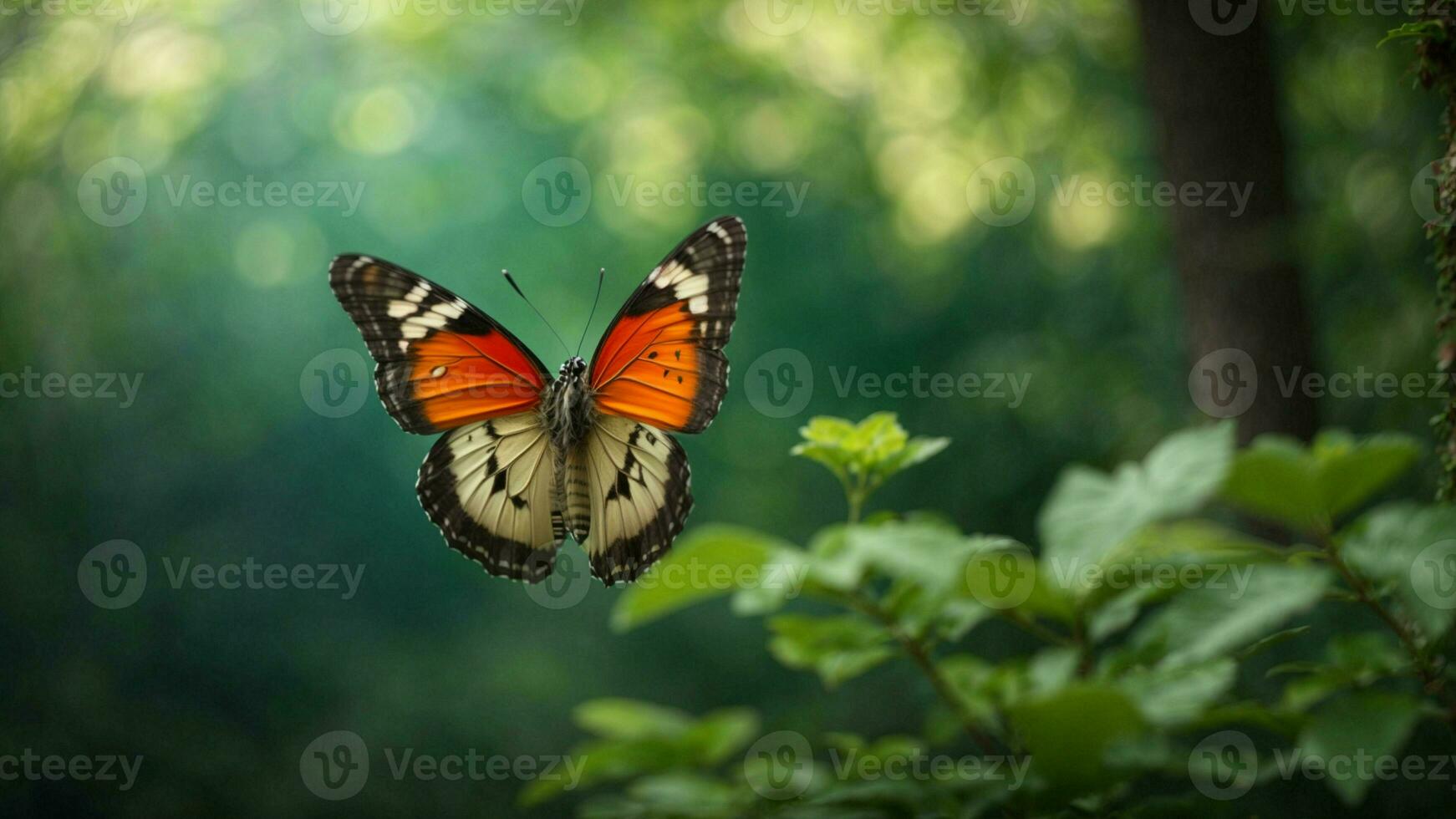 naturaleza antecedentes con un hermosa volador mariposa con verde bosque ai generativo foto