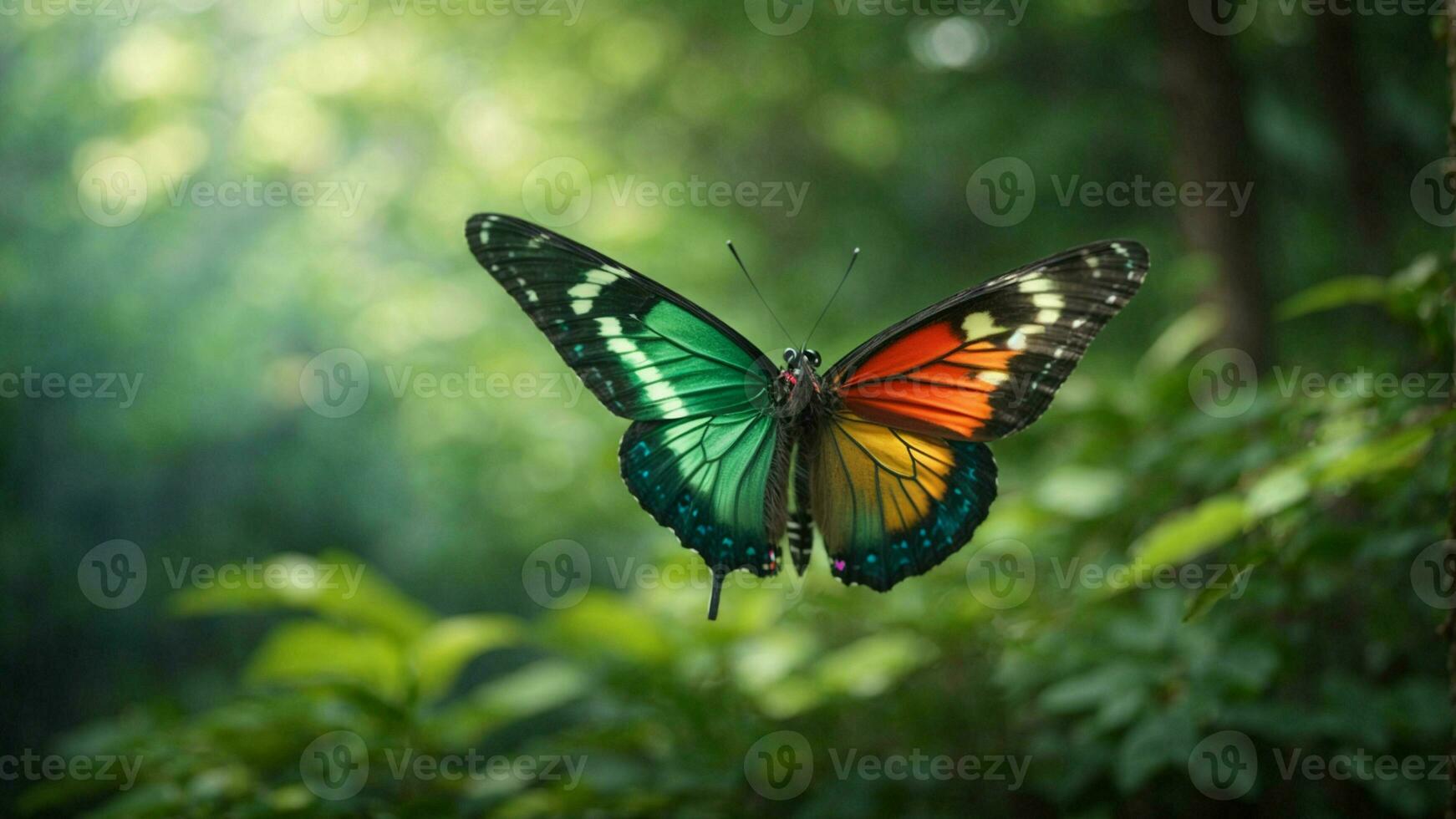 Nature background with a beautiful flying butterfly with green forest AI Generative photo