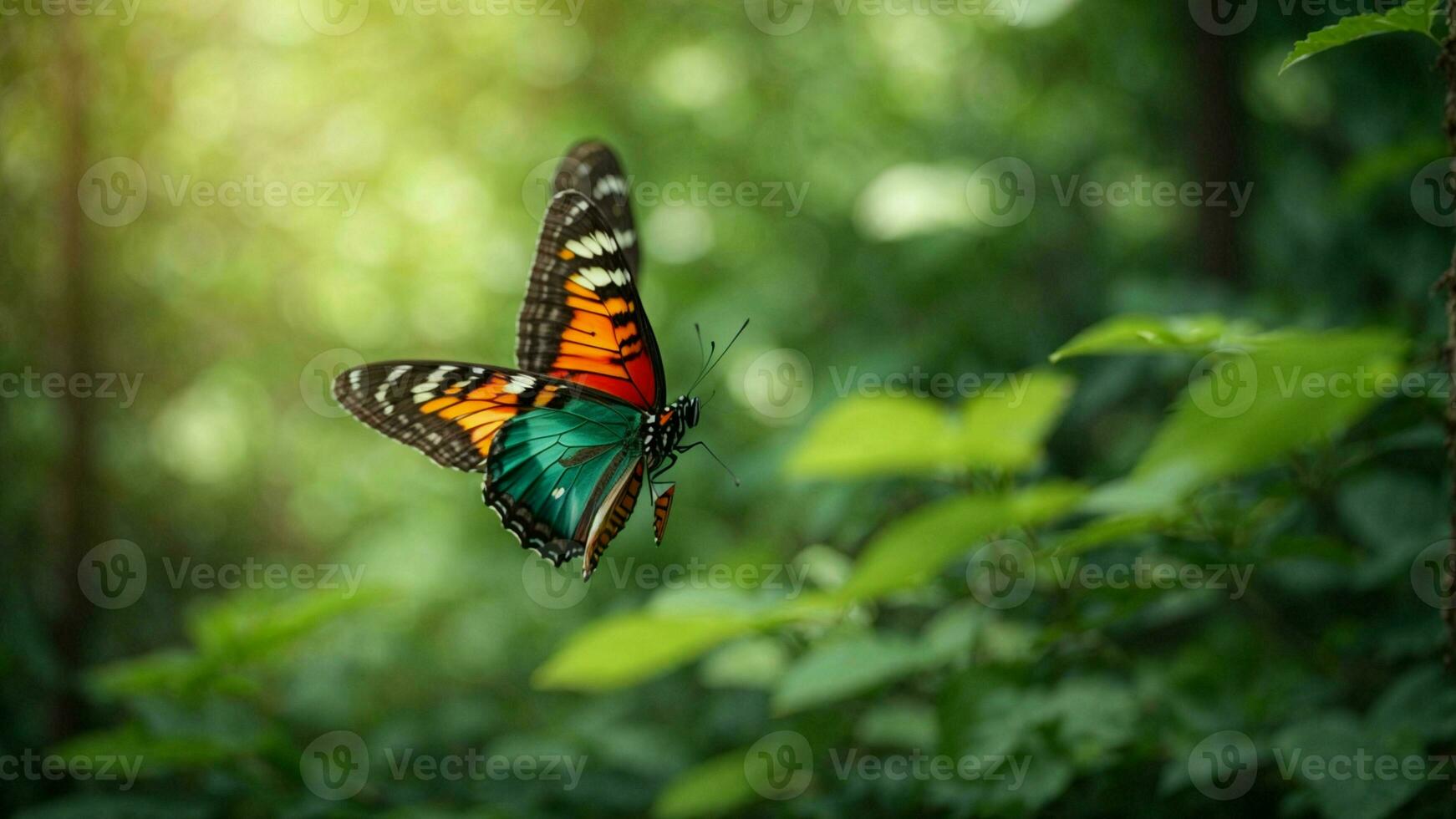 Nature background with a beautiful flying butterfly with green forest AI Generative photo