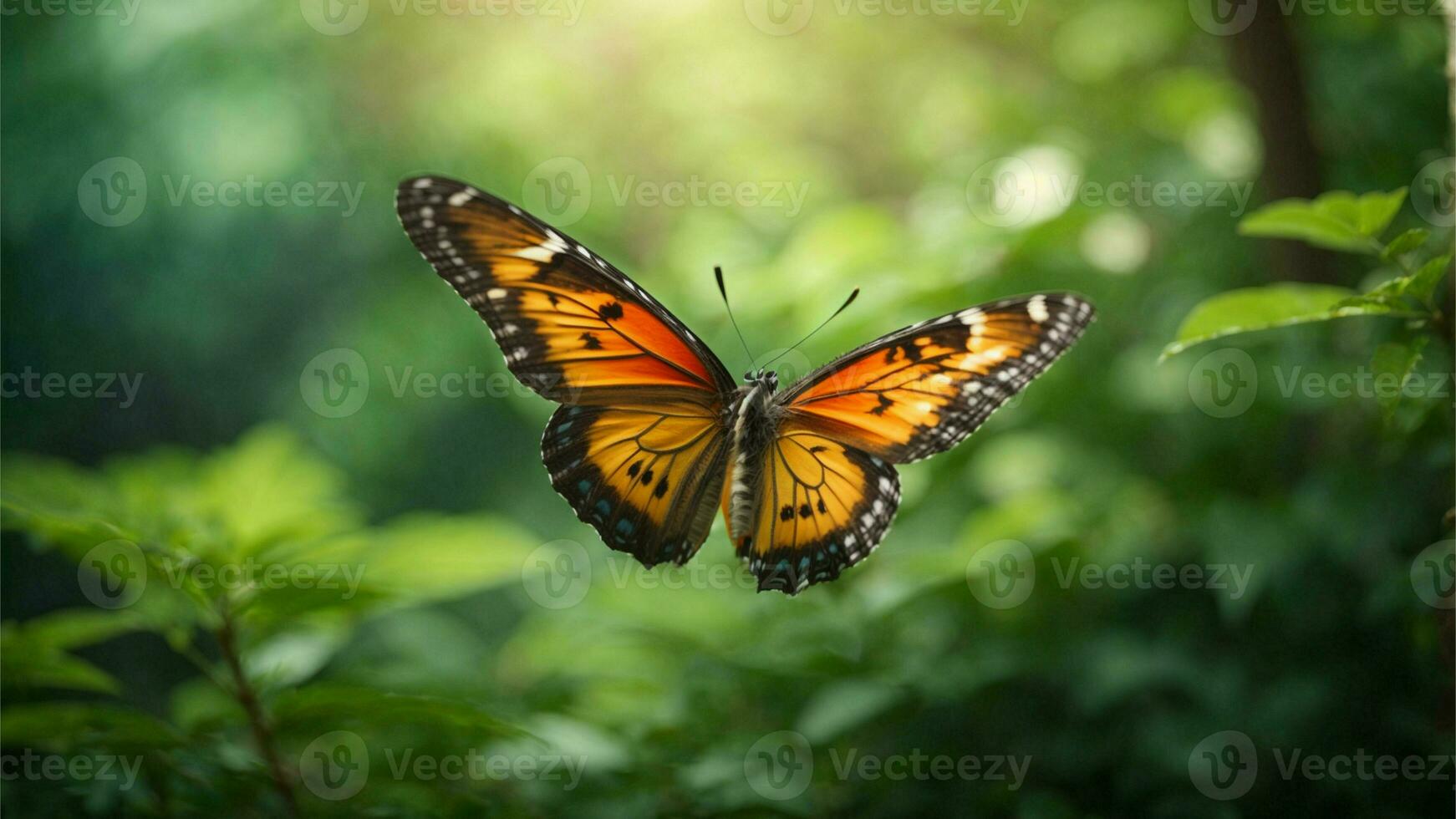 Nature background with a beautiful flying butterfly with green forest AI Generative photo