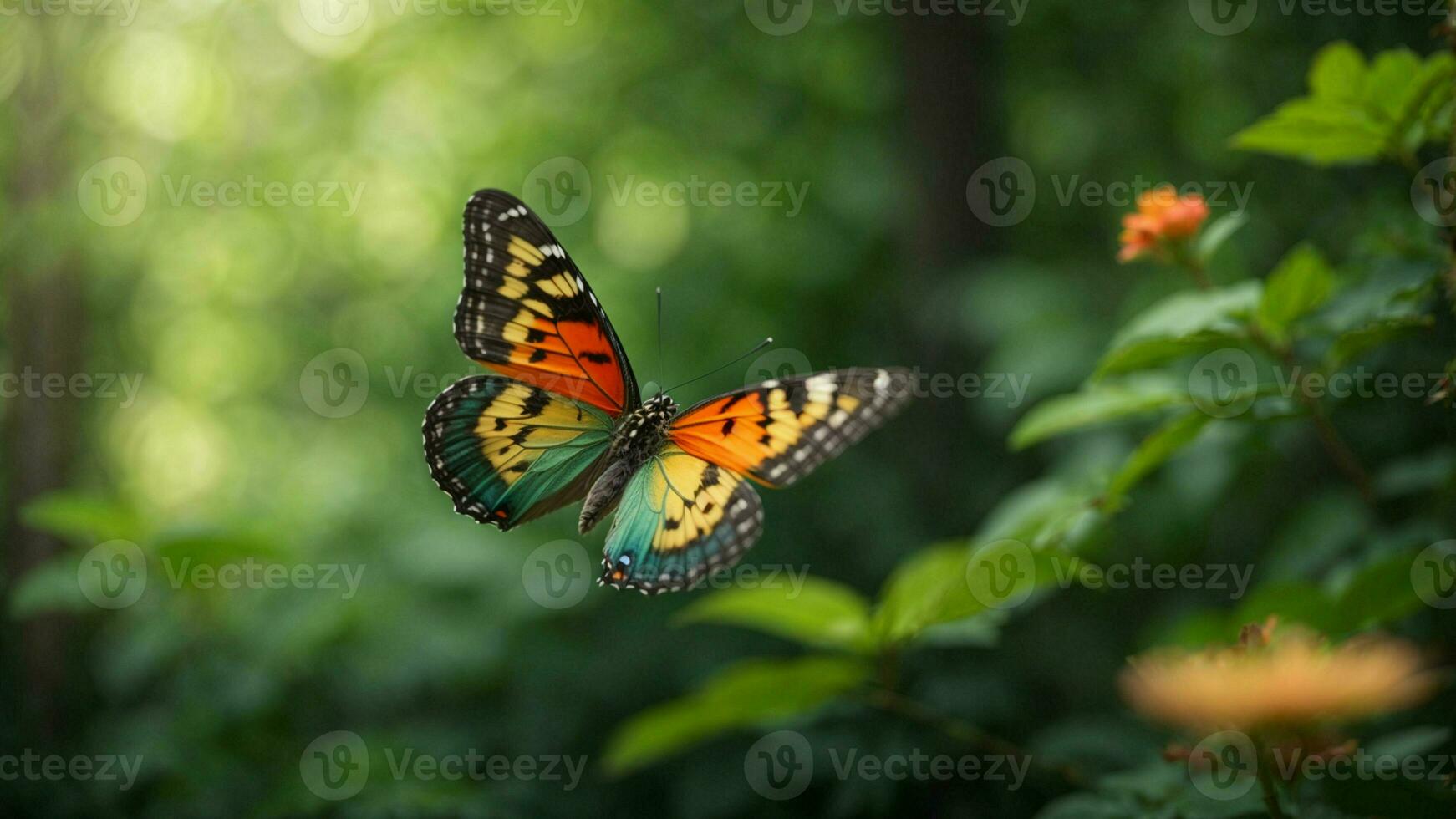 Nature background with a beautiful flying butterfly with green forest AI Generative photo