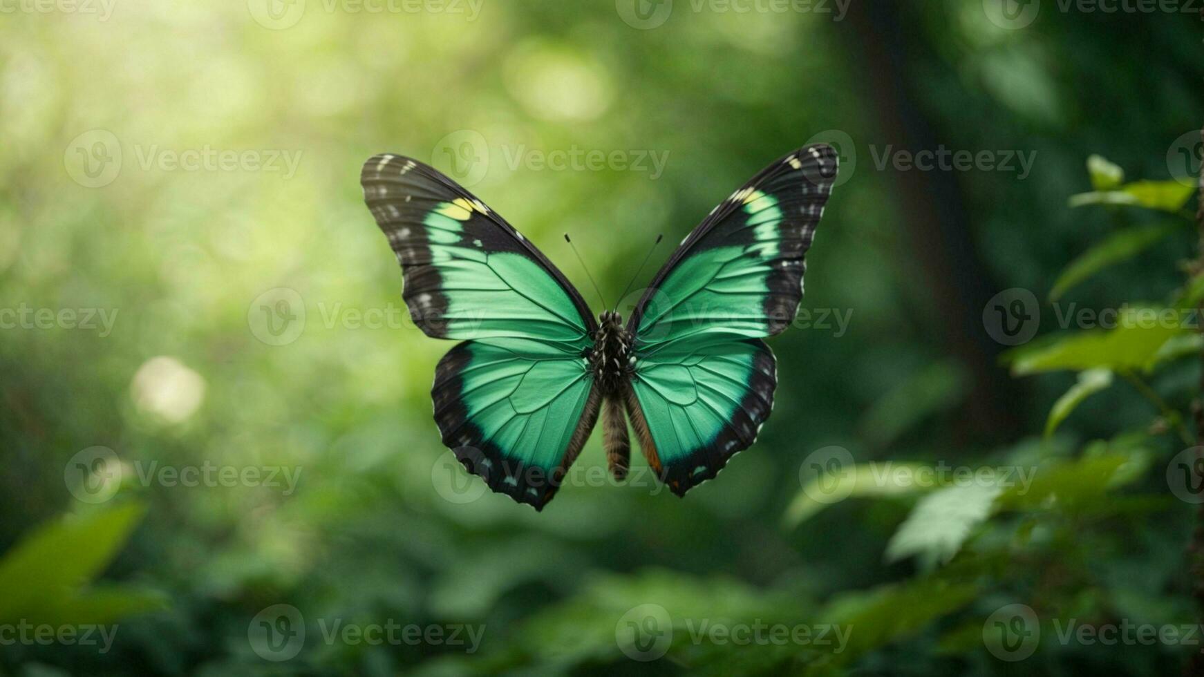 Nature background with a beautiful flying butterfly with green forest AI Generative photo