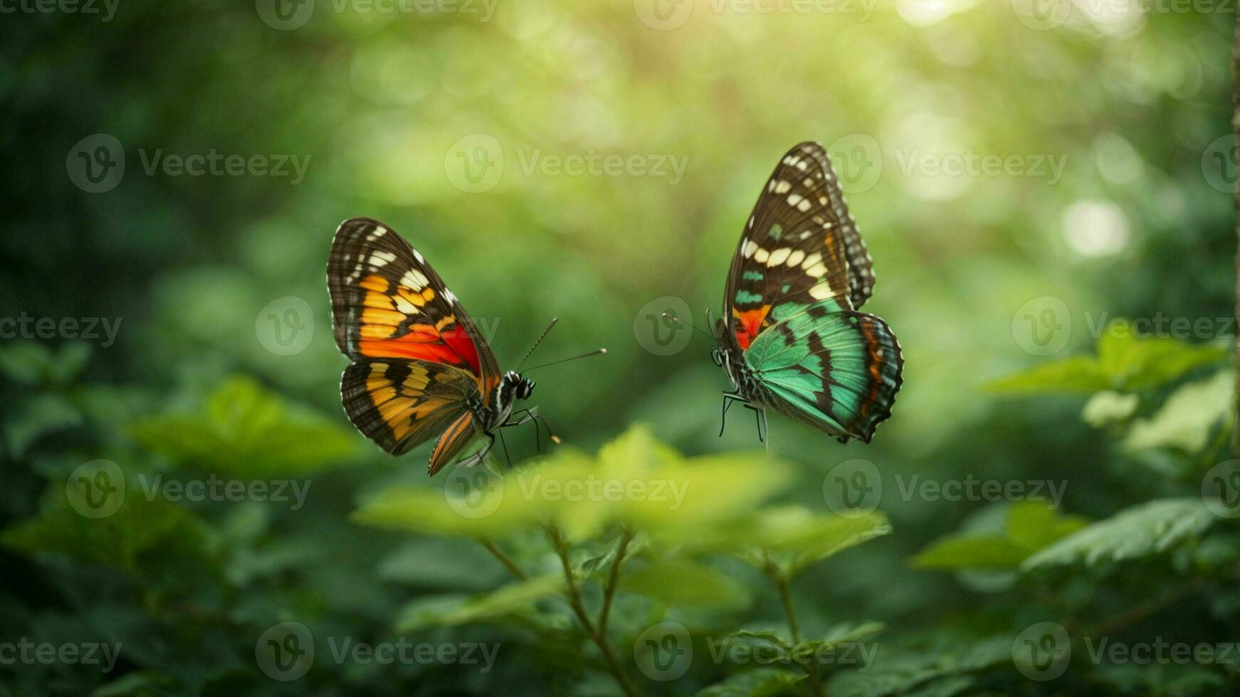 Nature background with a beautiful flying butterfly with green forest AI Generative photo