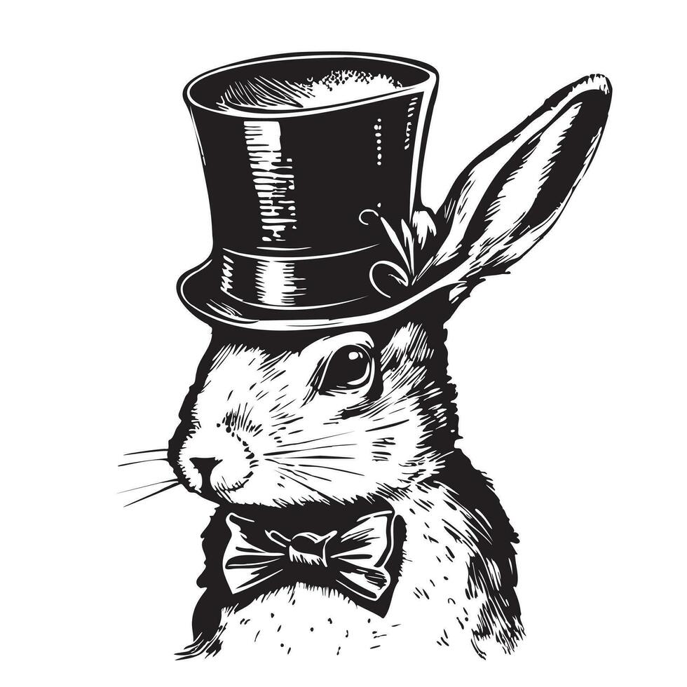 Rabbit face in top hat hand drawn sketch in doodle style Vector illustration