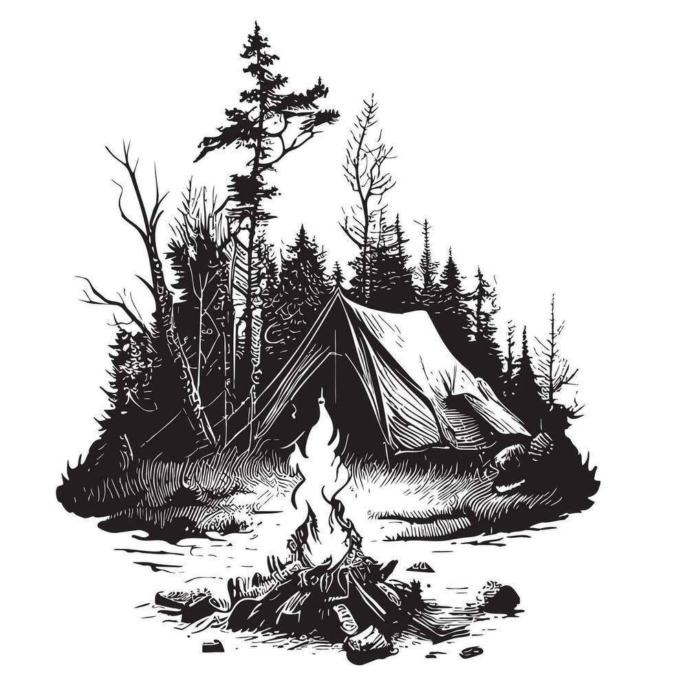 Bonfire in the forest hand drawn sketch Nature Vector illustration Camping