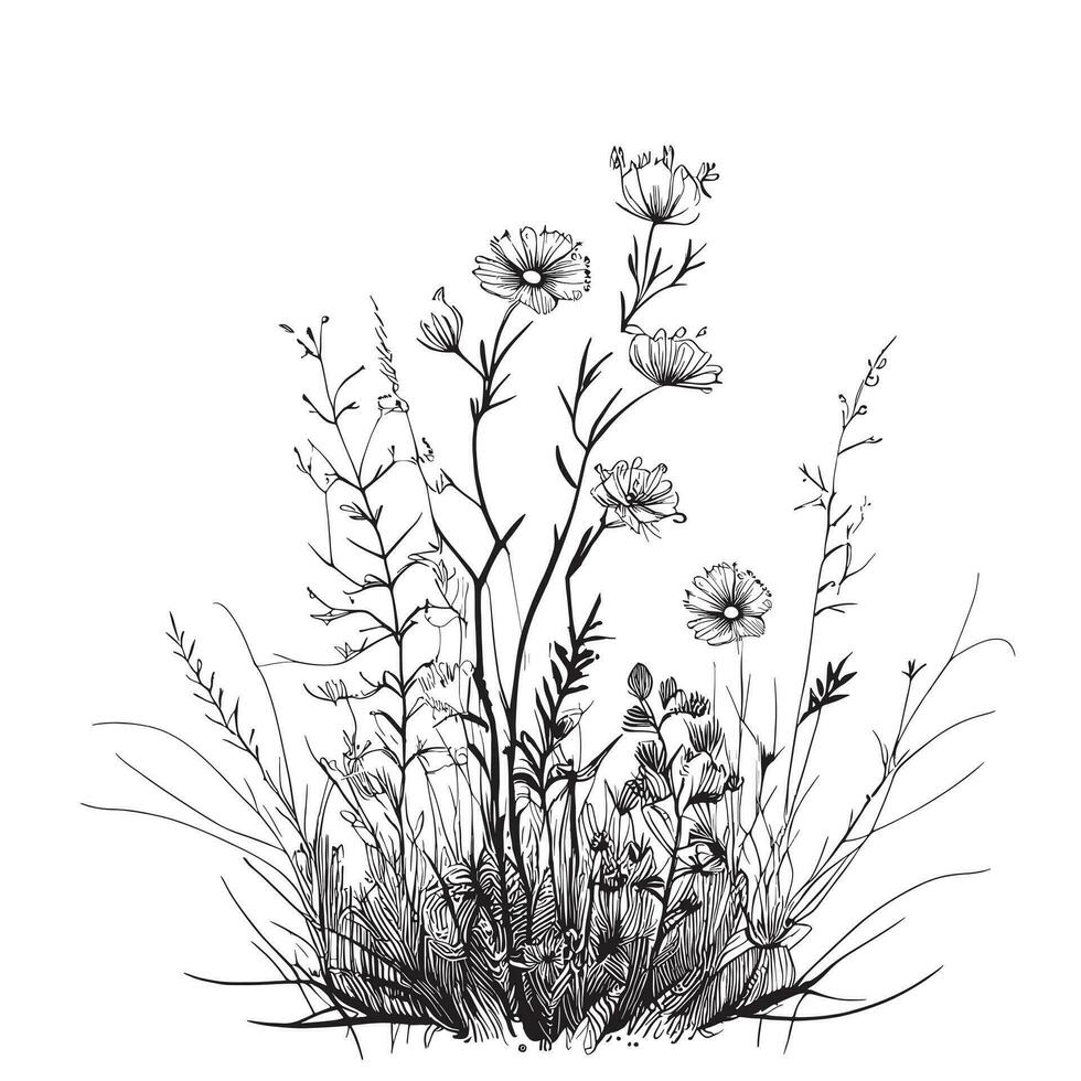 Field of wildflowers sketch , hand drawn in doodle style Vector illustration
