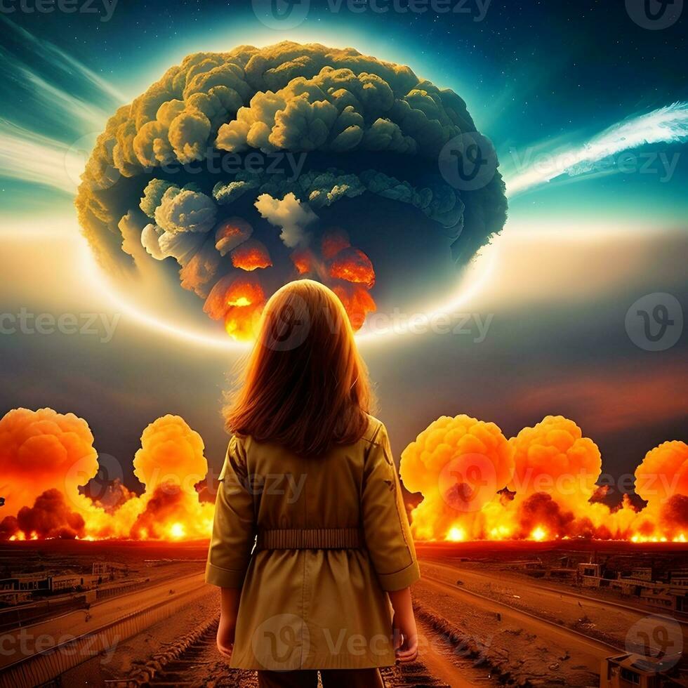Generative AI fantasies on the topic of nuclear conflict. Horror that children can see. Anti-war concept. photo