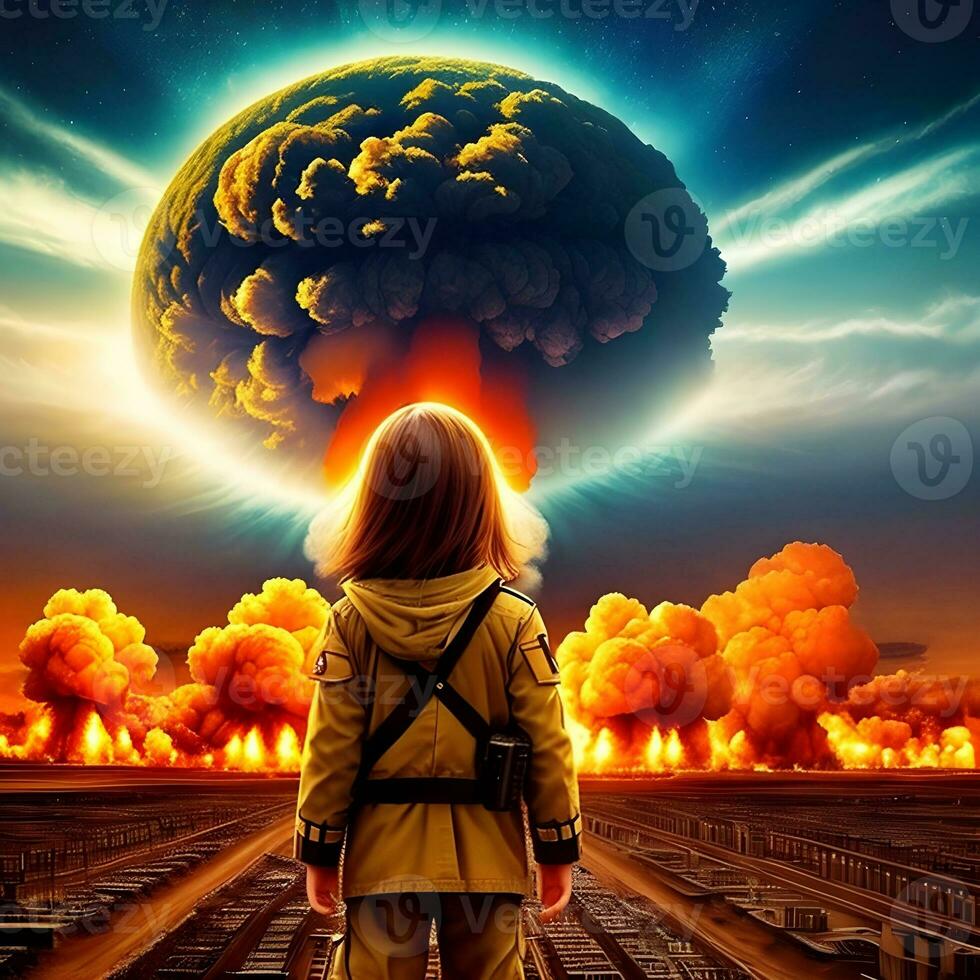 Generative AI fantasies on the topic of nuclear conflict. Horror that children can see. Anti-war concept. photo