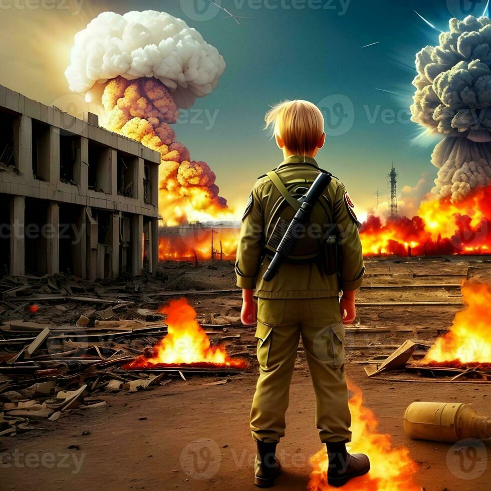 generativo ai fantasías en el tema de nuclear conflicto. horror ese niños lata ver. antimilitarista concepto. foto