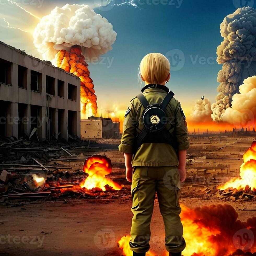 generativo ai fantasías en el tema de nuclear conflicto. horror ese niños lata ver. antimilitarista concepto. foto