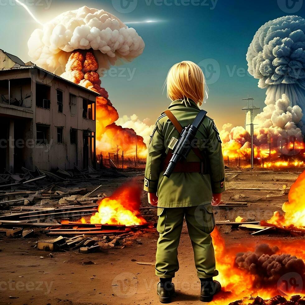 generativo ai fantasías en el tema de nuclear conflicto. horror ese niños lata ver. antimilitarista concepto. foto