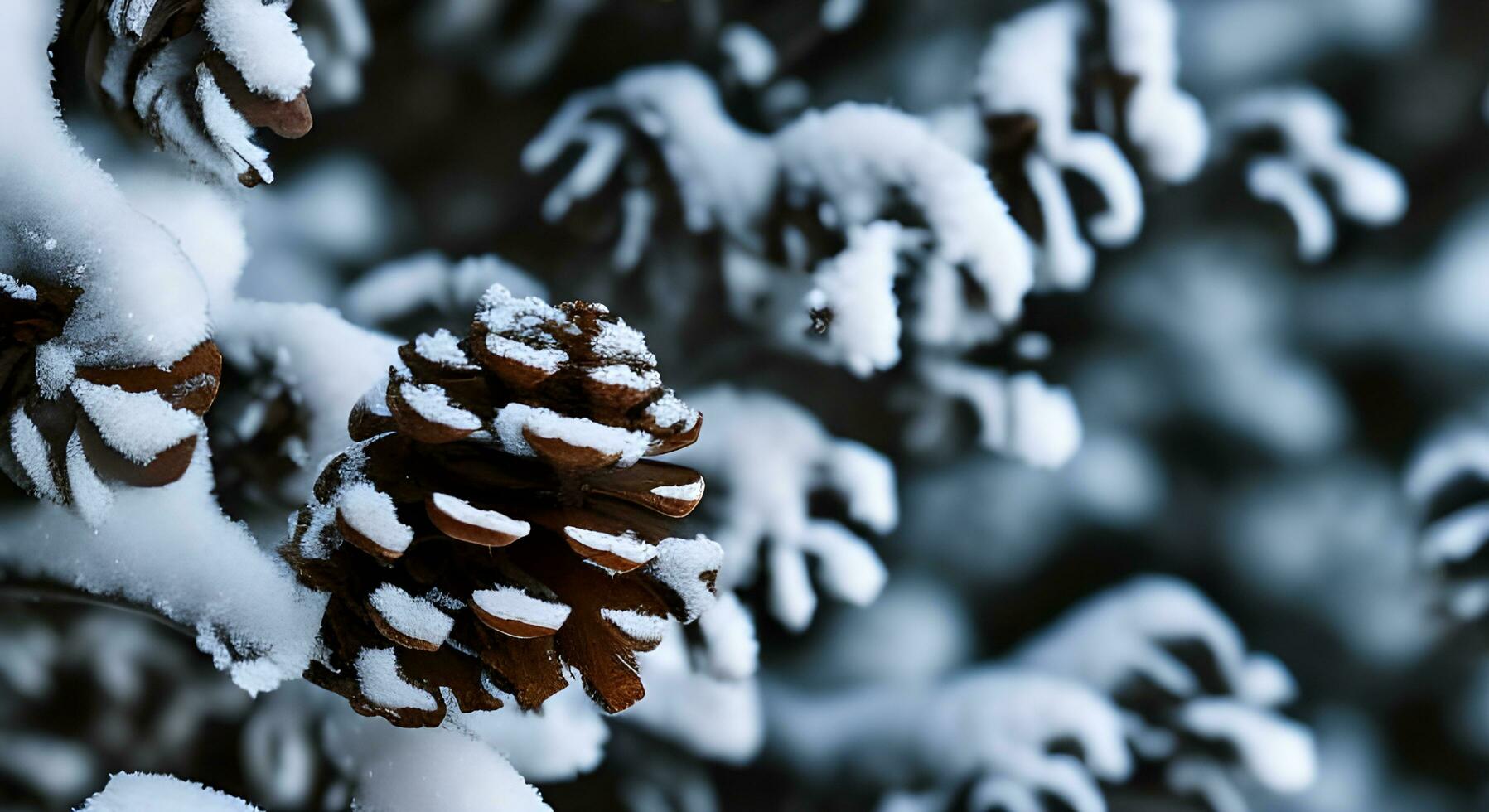 AI Generated close-up of a snow-covered pinecone photo