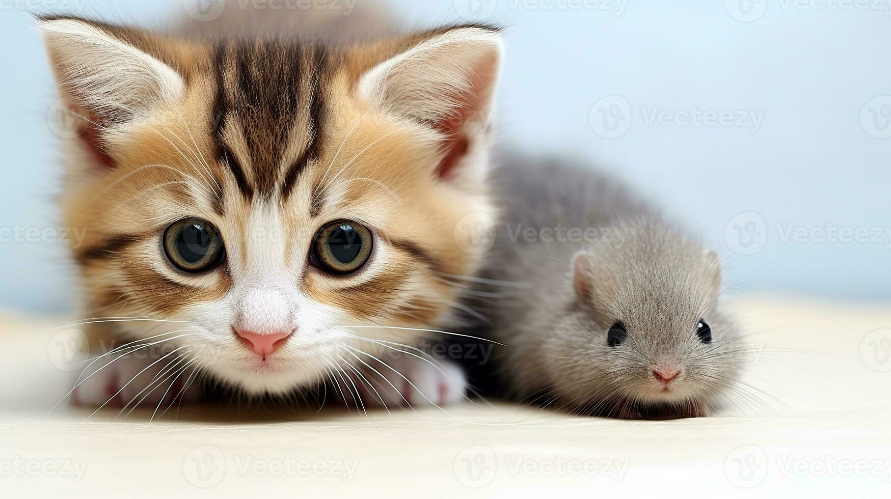 Portrait of a cat and rat, close up. A cat and a mouse lie next to each other on a white. AI Generated photo