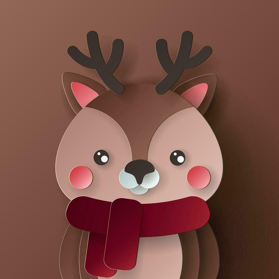 Vector cute christmas paper cut 3d  deer with shadow on colored background. Winter animal design  for presentation, banner, cover, web, flyer, card, sale, poster, slide and social media