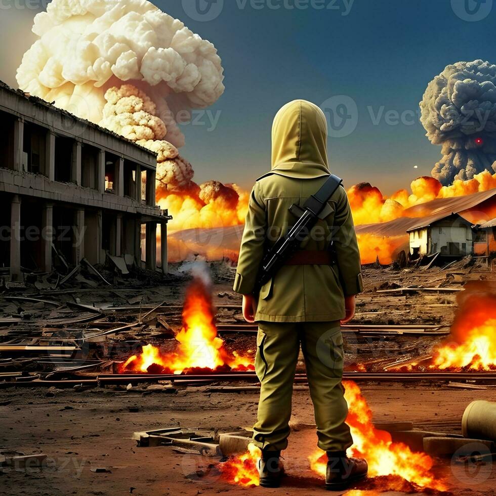 generativo ai fantasías en el tema de nuclear conflicto. horror ese niños lata ver. antimilitarista concepto. foto