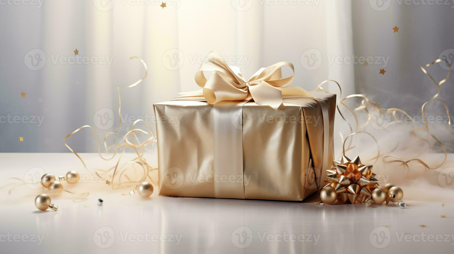 ai generative  Beautifully wrapped christmas gift, present in multiple colors with beautiful backgrounds to elevate them photo