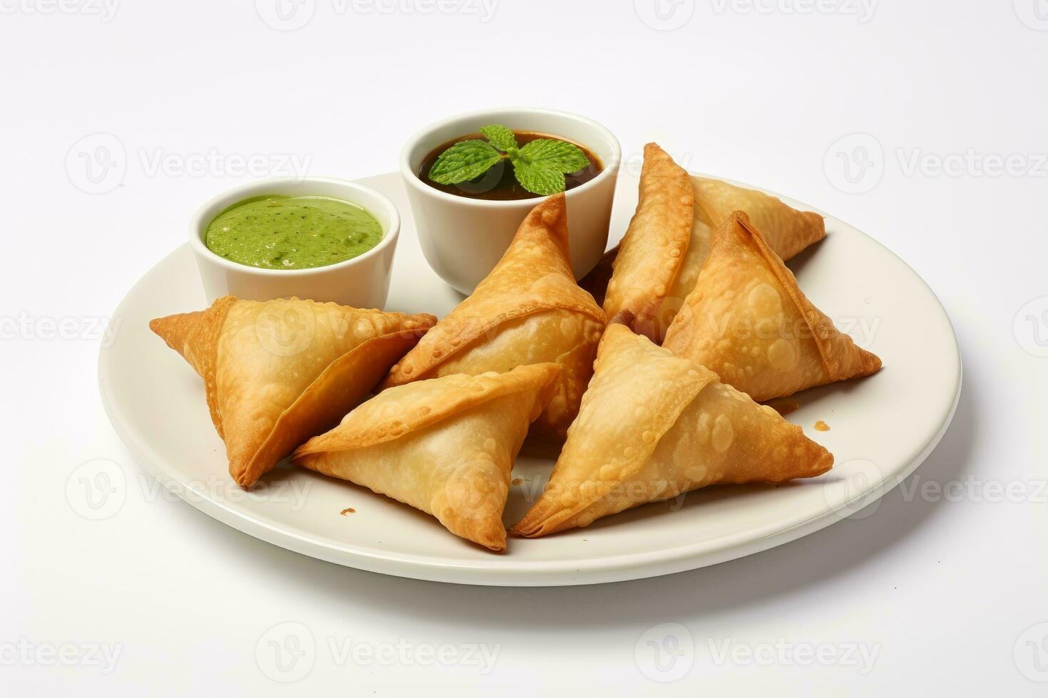 Photo of a plate of Indian samosas with chutney on a pure white sheet . Generative AI