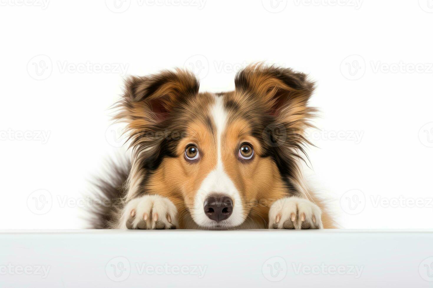 Photo of a curious Shetland Sheepdog looking inquisitive on a spotless white background. Generative AI