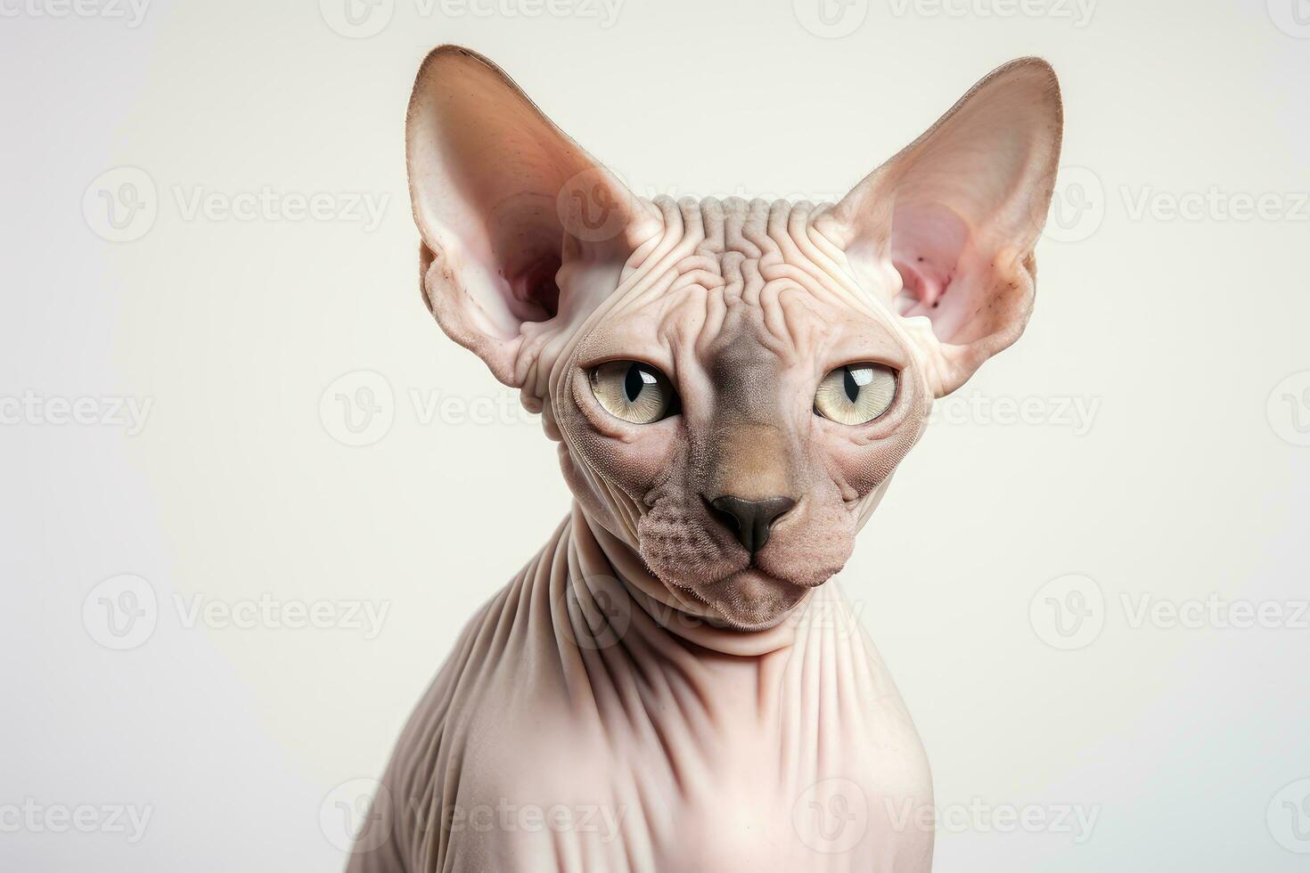 Photo of a contented Sphynx cat with its hairless skin against a clean white backdrop. Generative AI