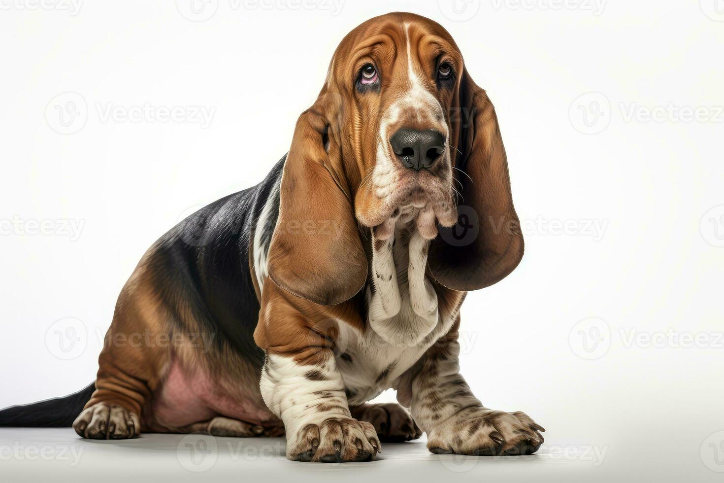 Photo of a contented Basset Hound in a relaxed pose on a clean white backdrop. Generative AI