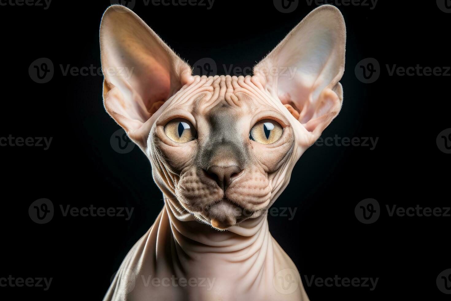 Photo of a contented Sphynx cat with its hairless skin against a clean white backdrop. Generative AI