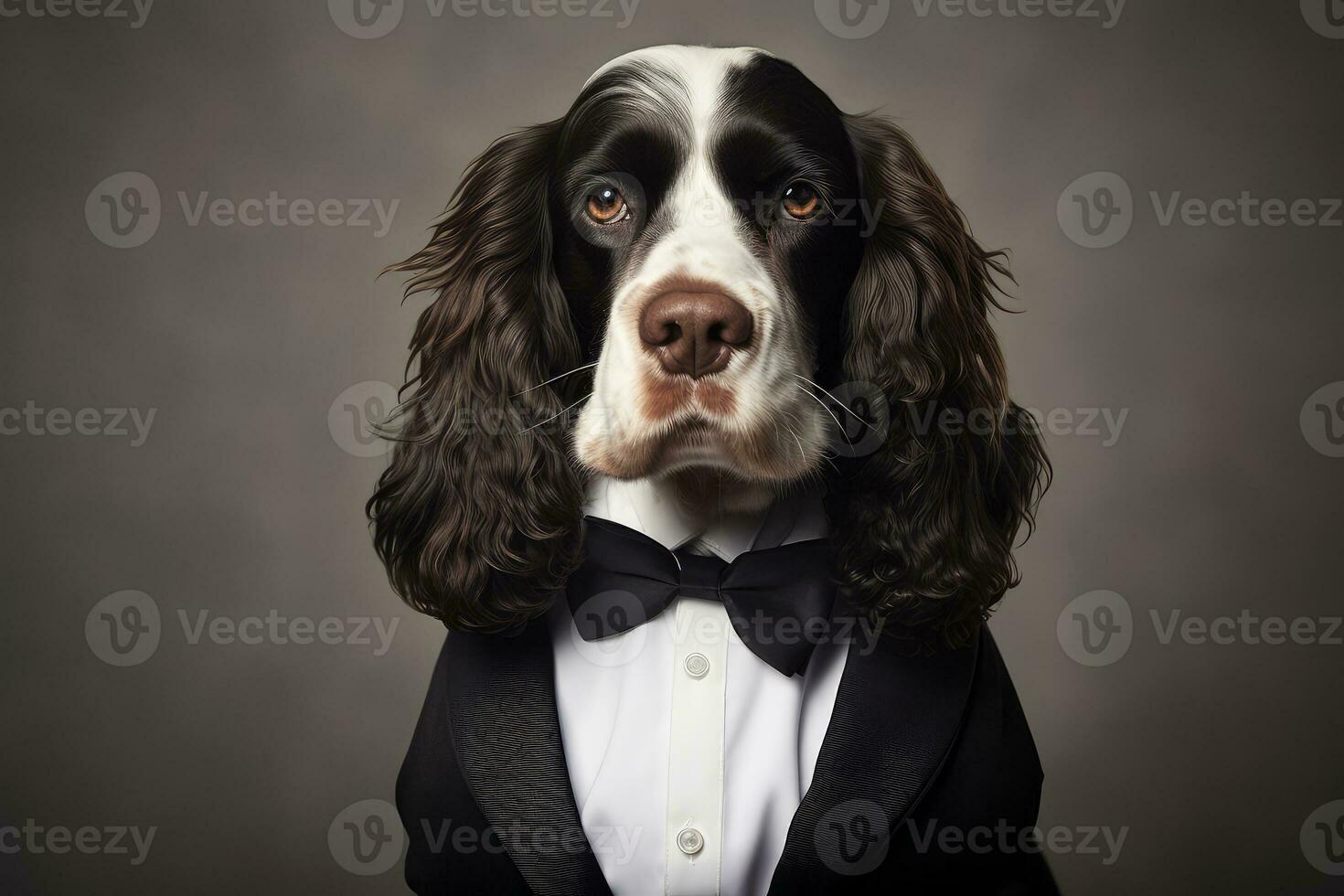 Photo of a Cocker Spaniel looking dapper in a tuxedo against a pristine white background. Generative AI