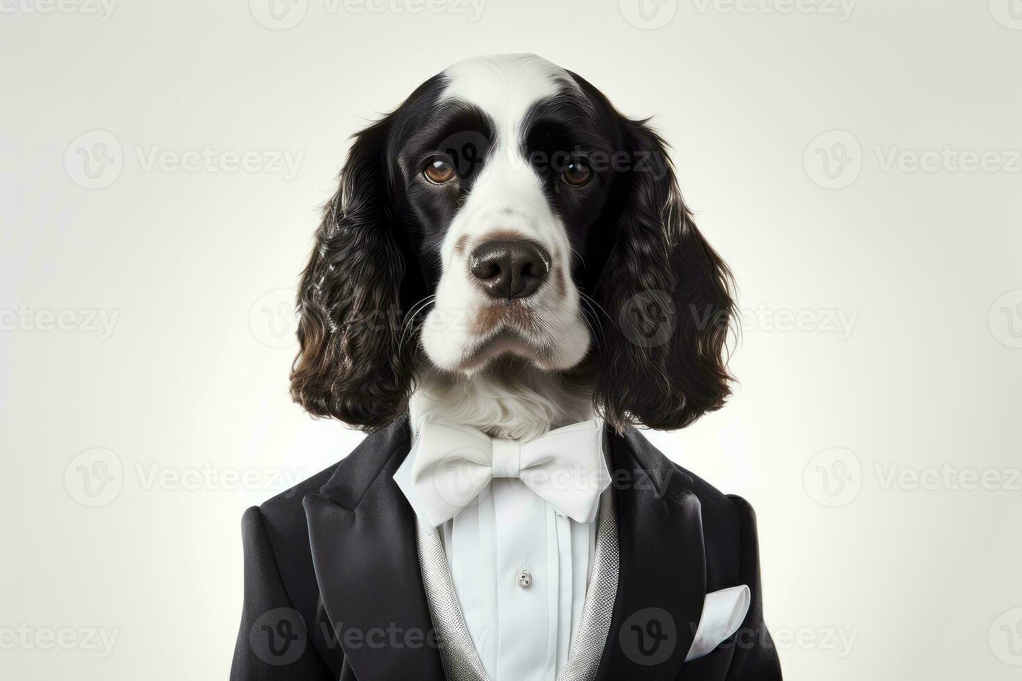 Photo of a Cocker Spaniel looking dapper in a tuxedo against a pristine white background. Generative AI