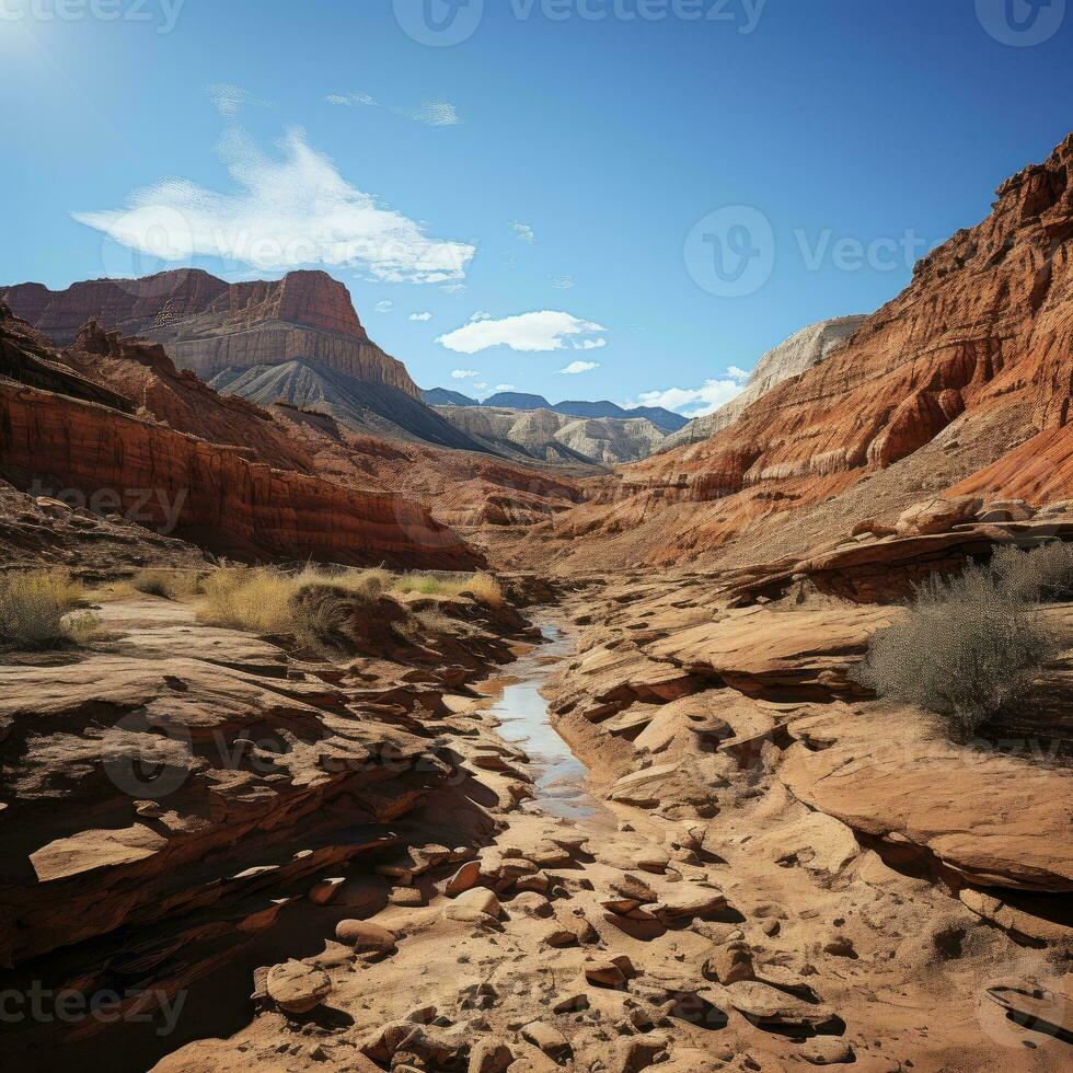 Photo of red rock formations in the desert. Generative AI