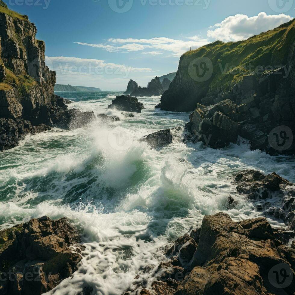 Photo of coastal cliffs and crashing waves. Generative AI