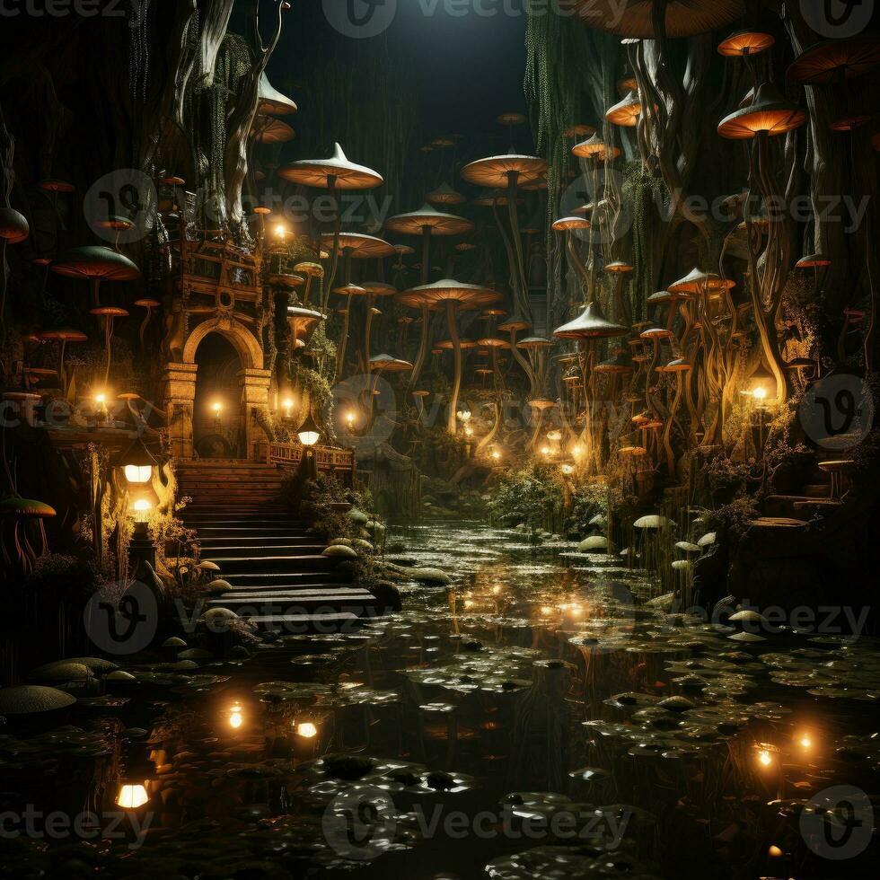 Photo of an enchanted forest with mystical creature. Generative AI