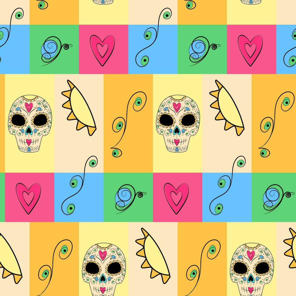 Seamless colorful pattern of abstract patterned scull, sun, butterfly and twig. Happy Cinco de Mayo vector