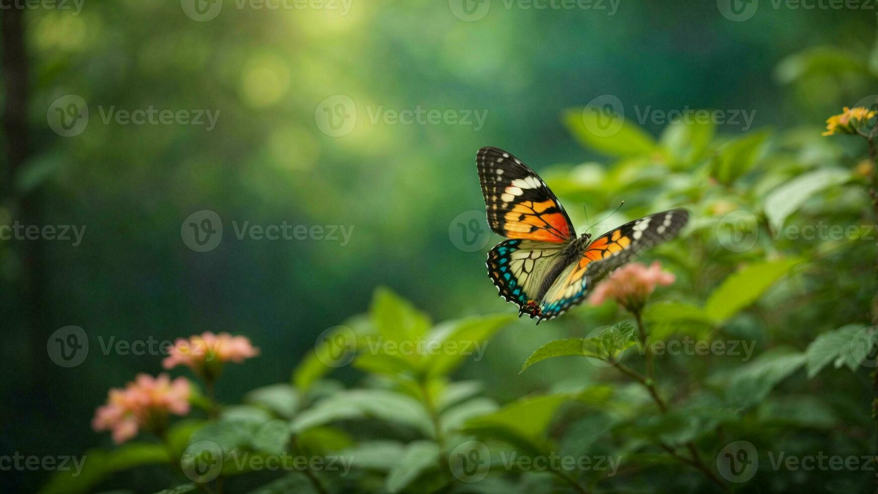 Nature background with a beautiful flying butterfly with green forest AI Generative photo