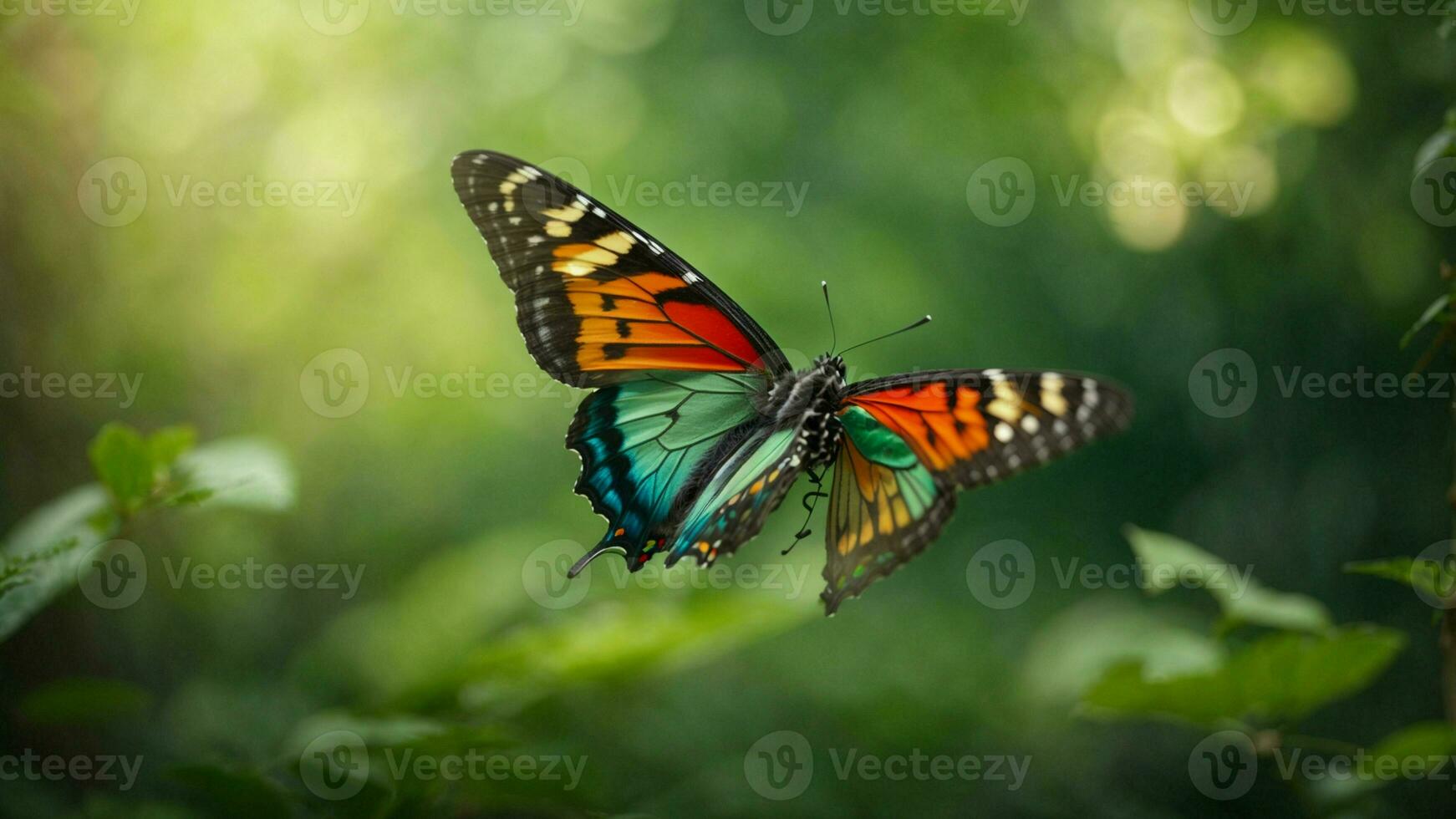 Nature background with a beautiful flying butterfly with green forest AI Generative photo