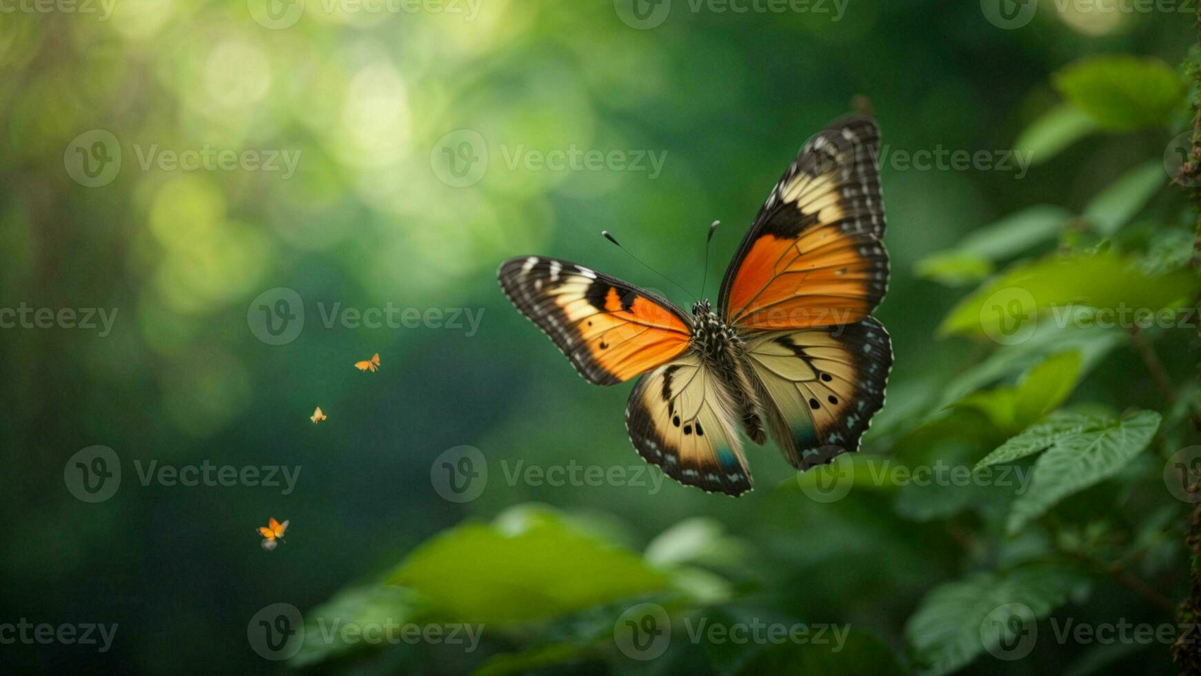 Nature background with a beautiful flying butterfly with green forest AI Generative photo