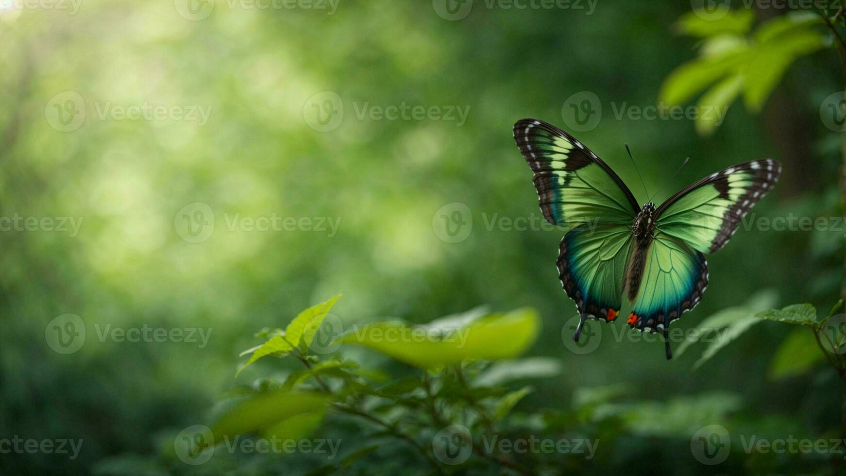 Nature background with a beautiful flying butterfly with green forest AI Generative photo