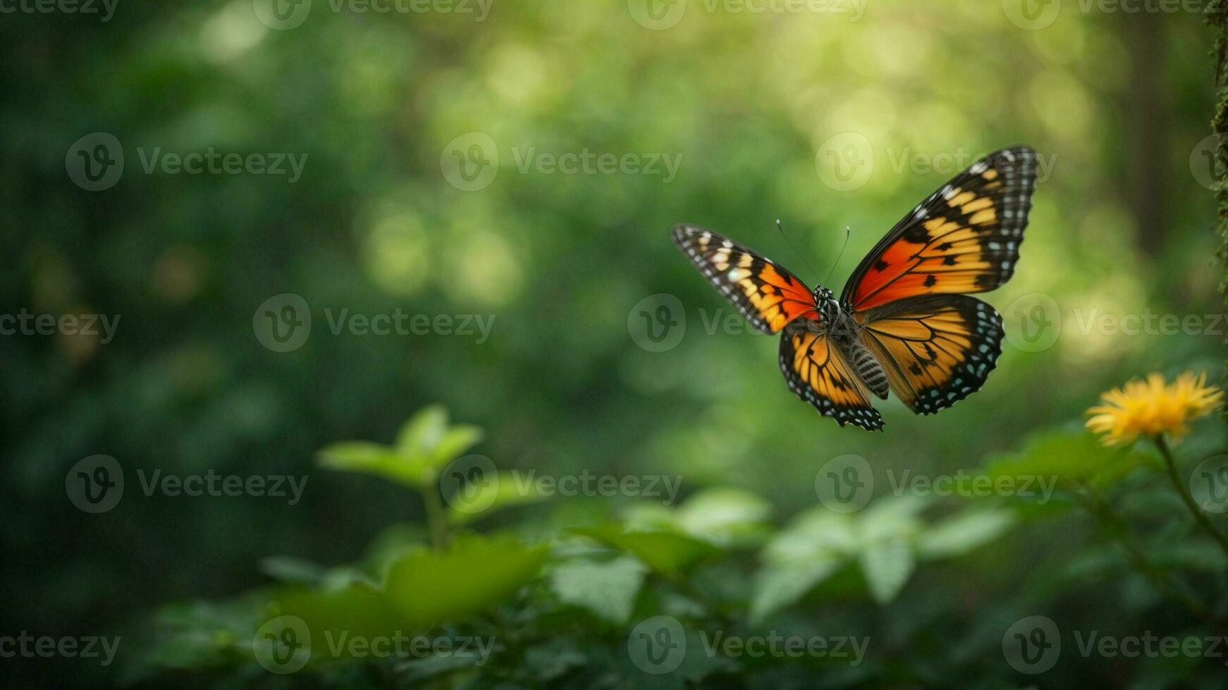 Nature background with a beautiful flying butterfly with green forest AI Generative photo