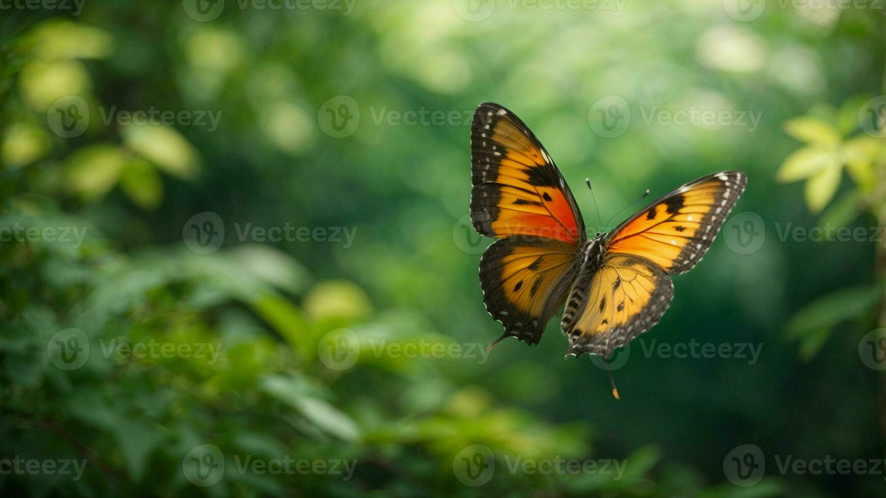 Nature background with a beautiful flying butterfly with green forest AI Generative photo