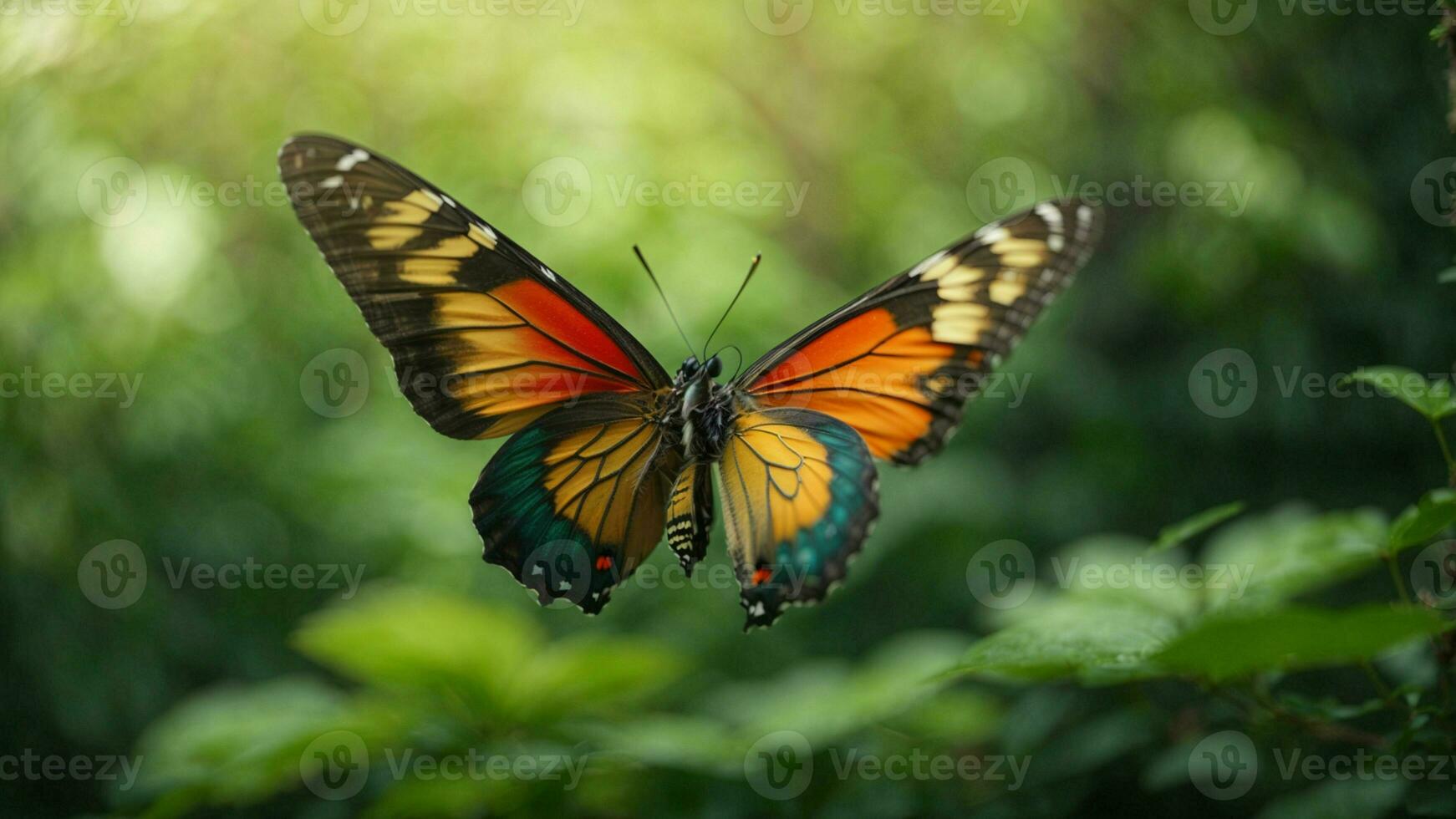 Nature background with a beautiful flying butterfly with green forest AI Generative photo