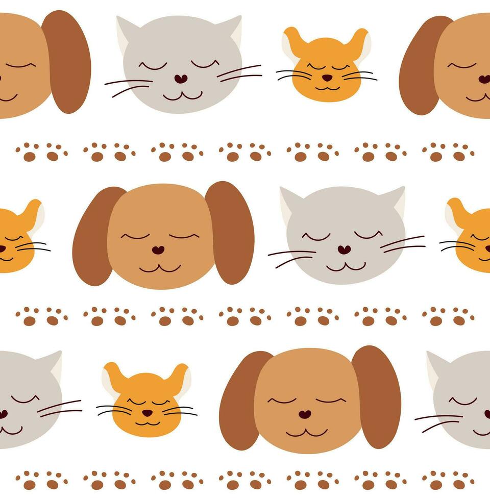 The seamless pattern of pets is dog, cat and hamster. Children's pattern in the style of a doodle. Vector illustration