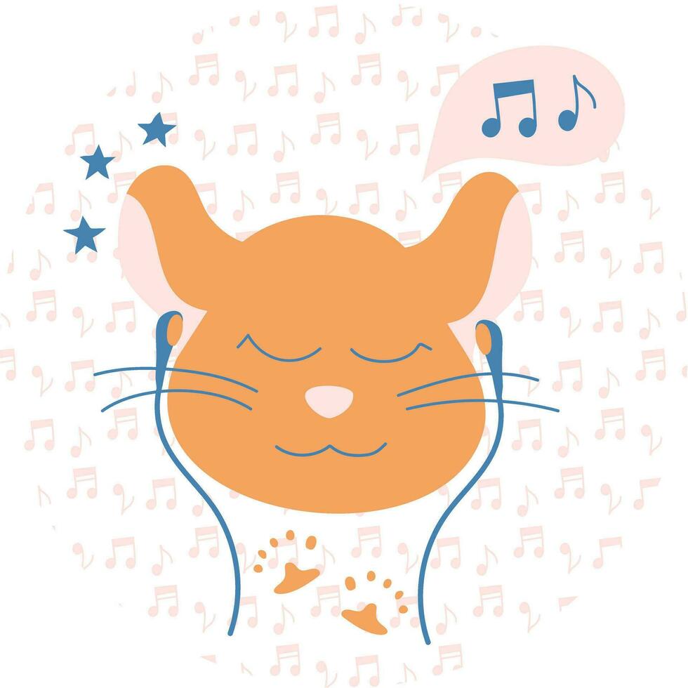 Children's drawing of a hamster's face. listening to music. Doodle style. Drawing by hand. Vector illustration
