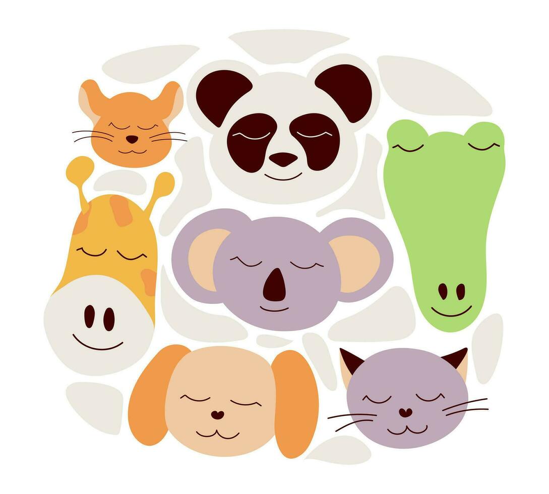 Collection of domestic and wild animals in the style of doodles. Colorful children's drawing. Vector illustration