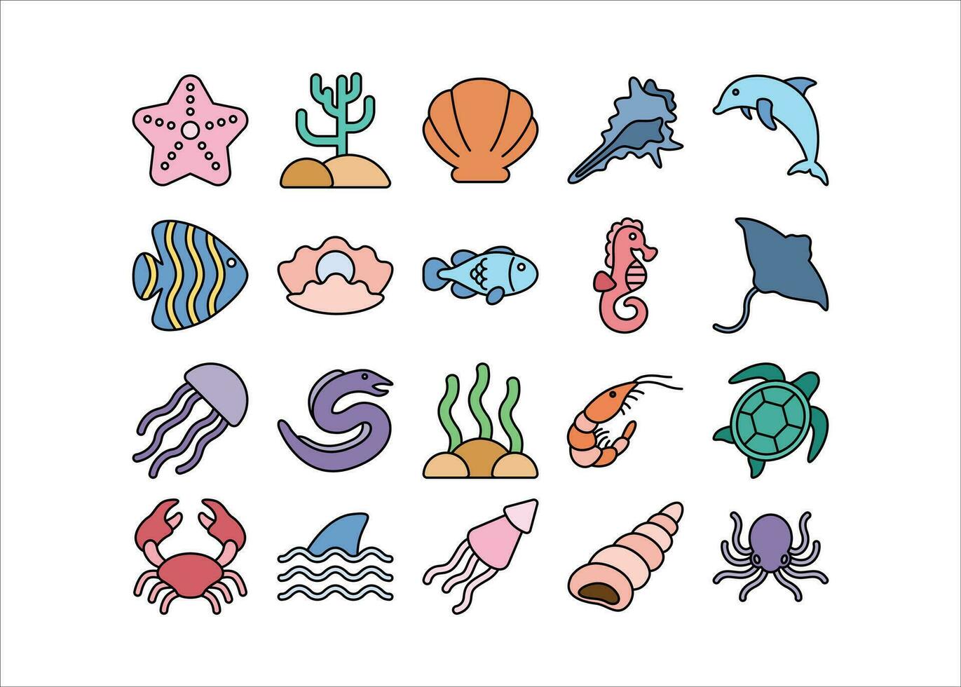 Sea animal icon set, ocean element colored vector graphic